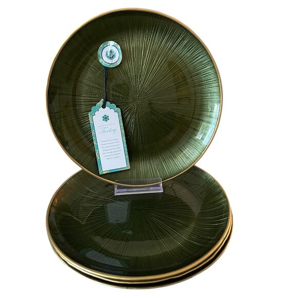 Gorgeous Green & Gold Turkish Glass Appetizer Dessert Plates 8in Set of 4 New - Picture 4 of 15